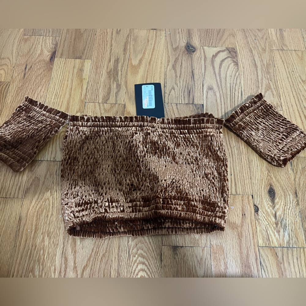 Rust off the shoulder velvet smocked crop top